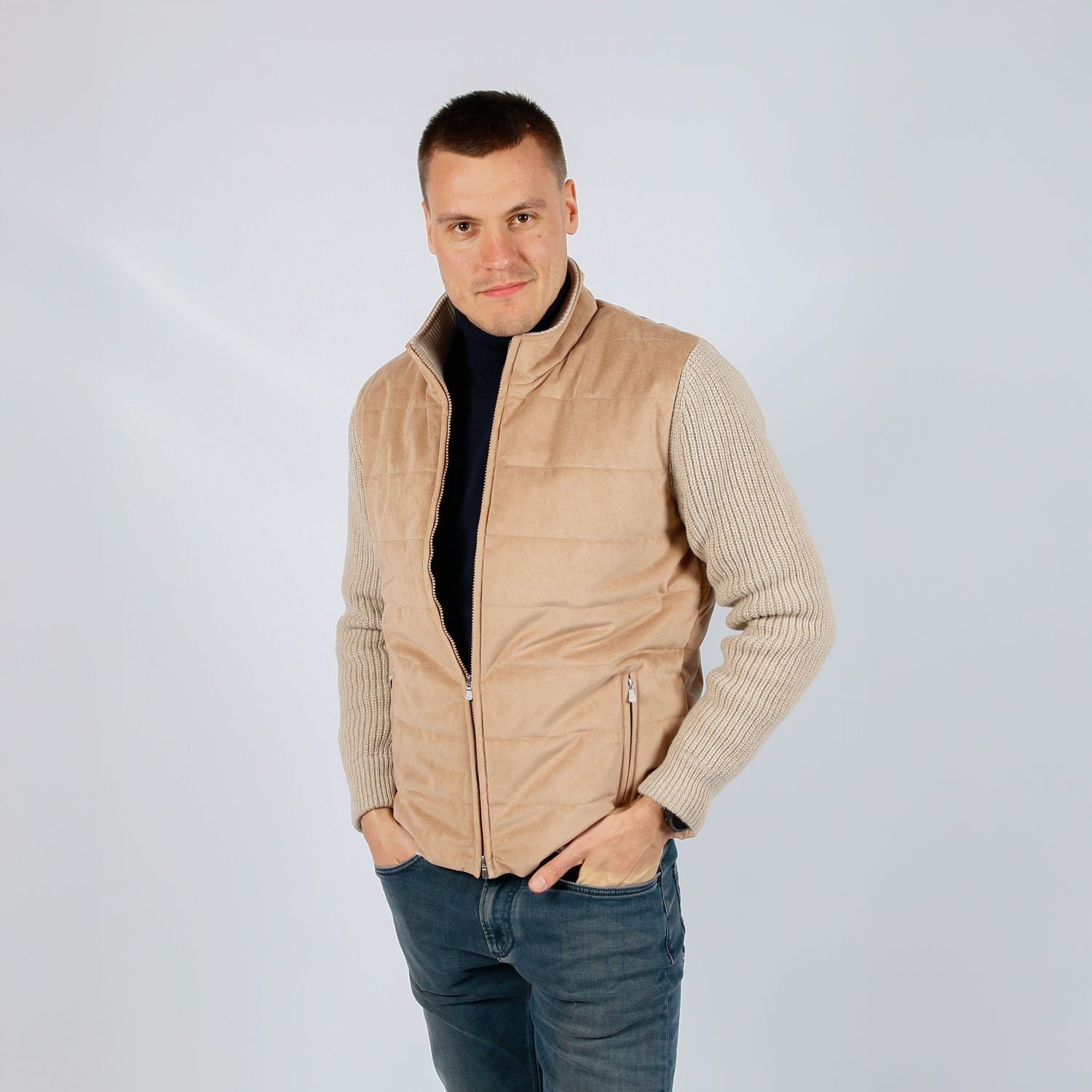 Jacket Van Gran Sasso In Het Beige In Model Hybride Vest Met Gebreide Mouwen
