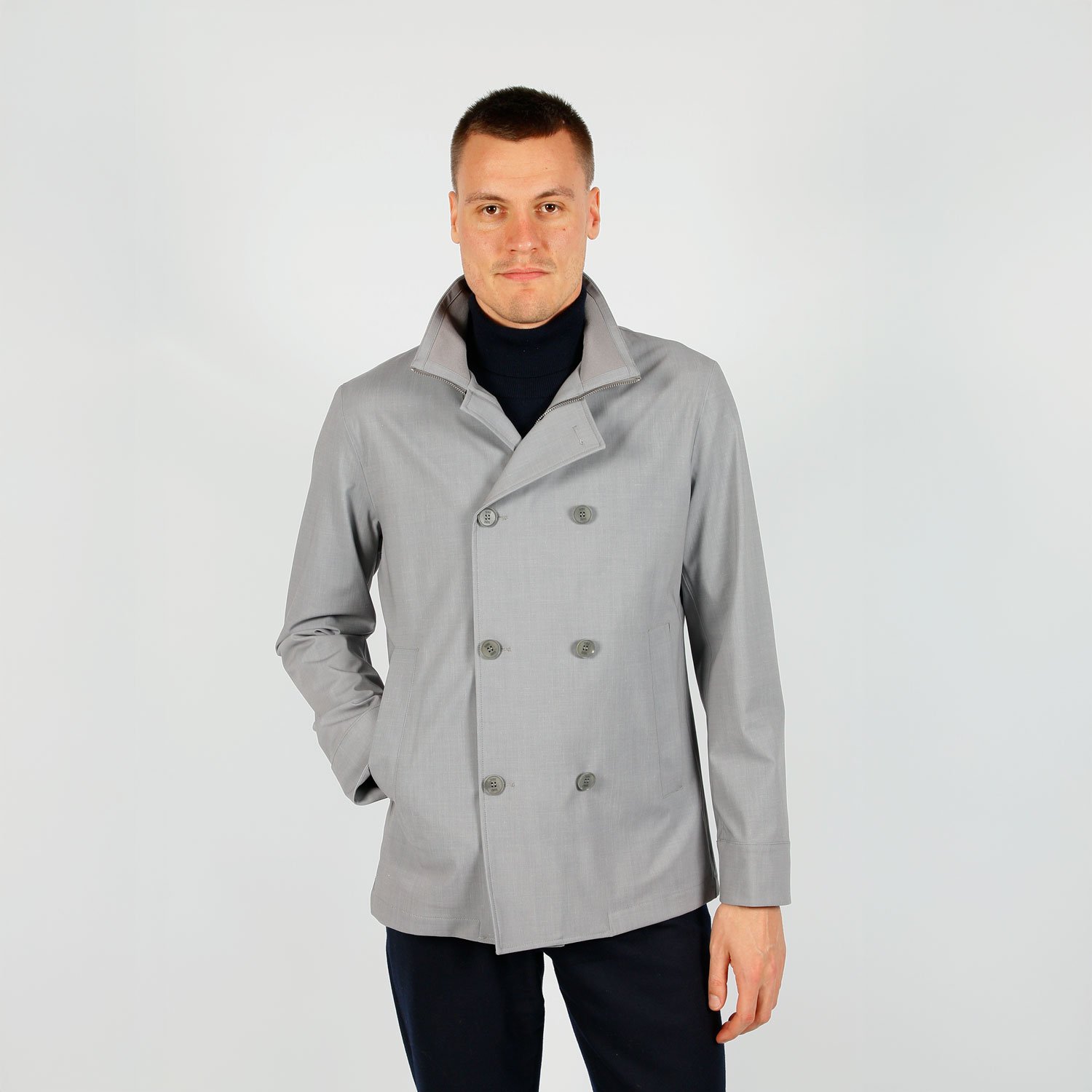 Jacket Van Duno In Het Grijs In Model Korte Regenjas Met Dubbele Knopenrij En Opstaande Kraag