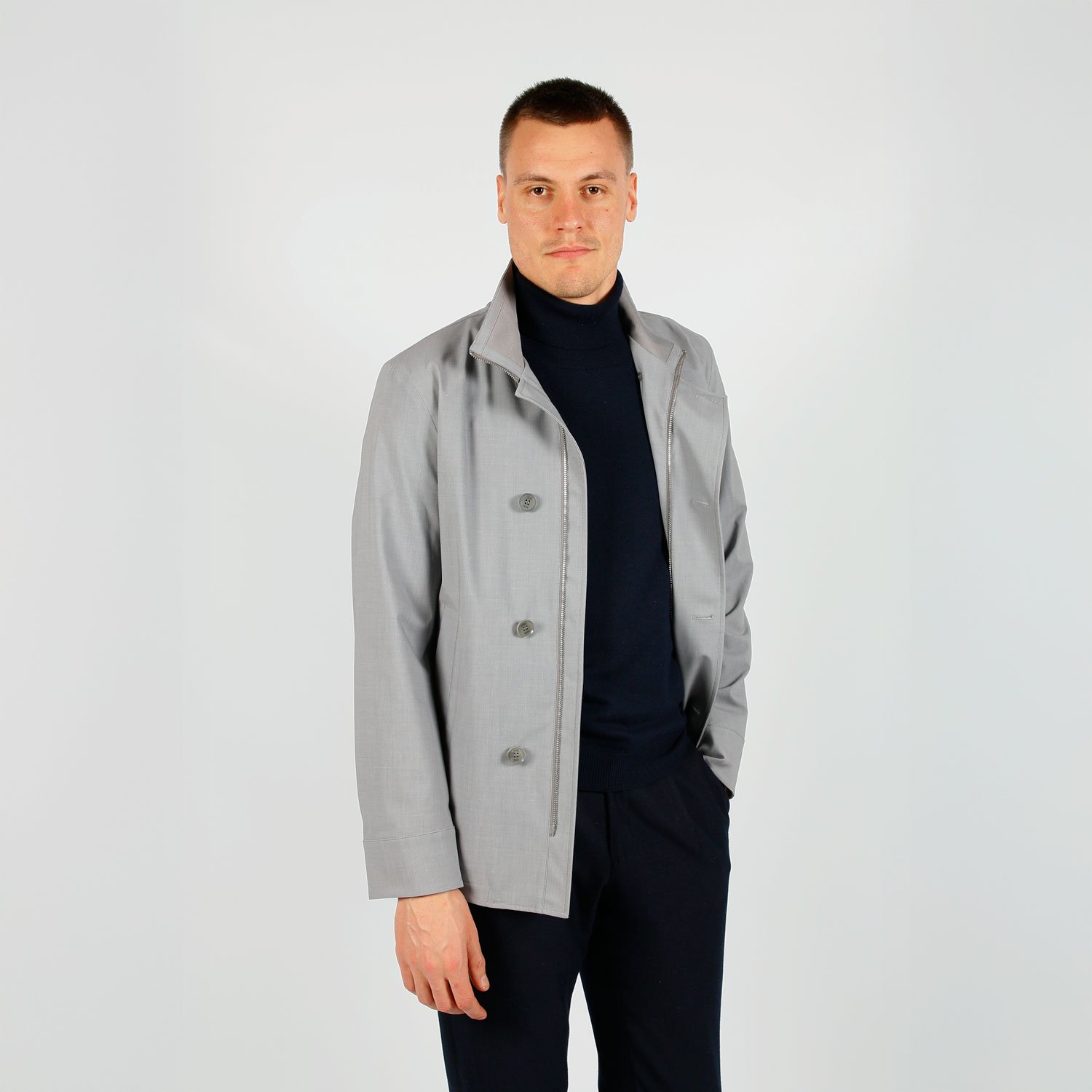 Jacket Van Duno In Het Grijs In Model Korte Regenjas Met Dubbele Knopenrij En Opstaande Kraag