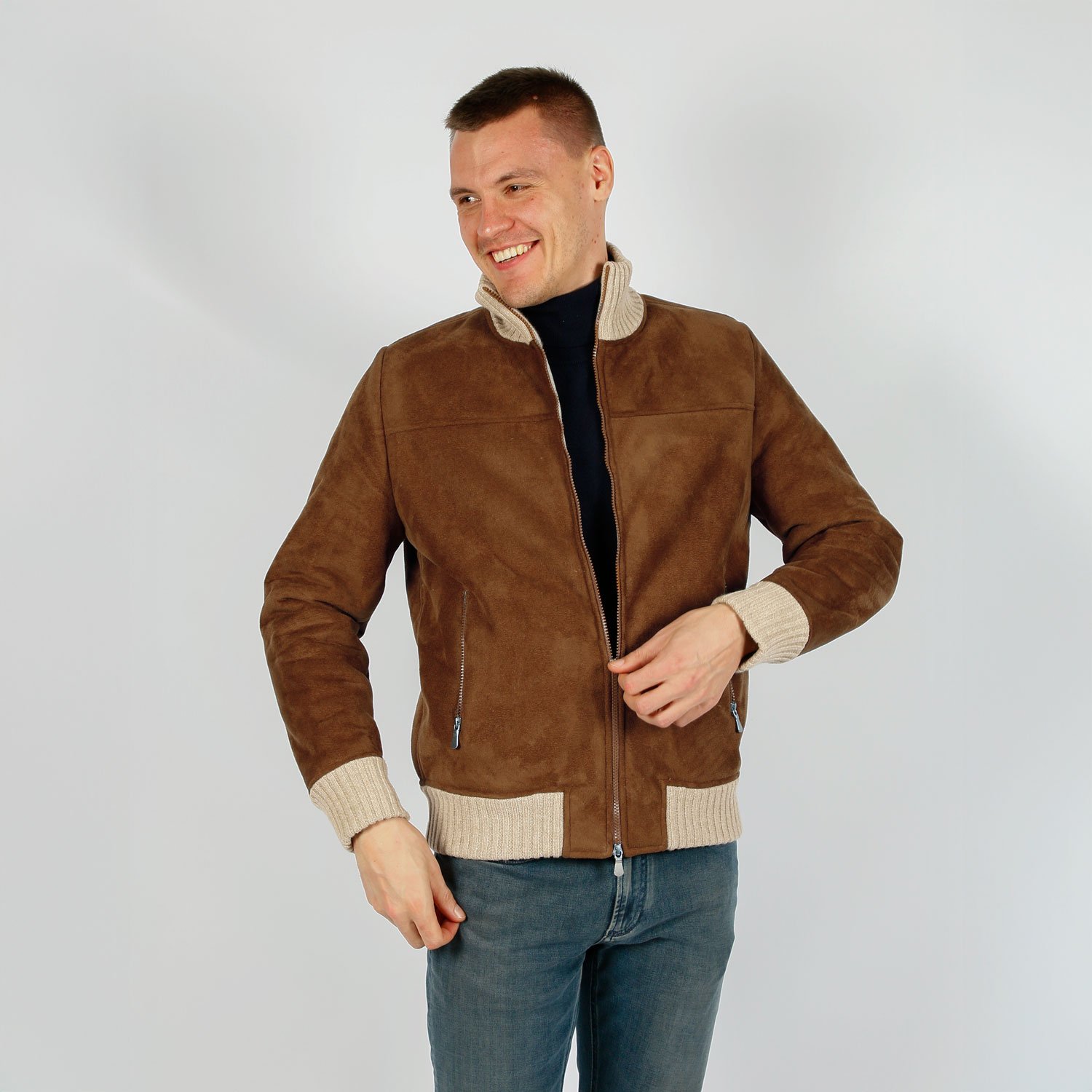 Jacket Van Gran Sasso In Het Bruin In Model Suède Bomberjack Met Gebreide Boorden En Ritssluiting