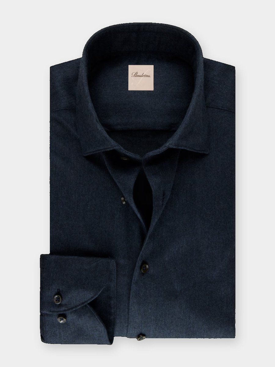 Hemden Van Stenströms In Het Navy In Model Donkerblauw Flanellen Hemd In Twofold Katoen Met Cut Away Kraag
